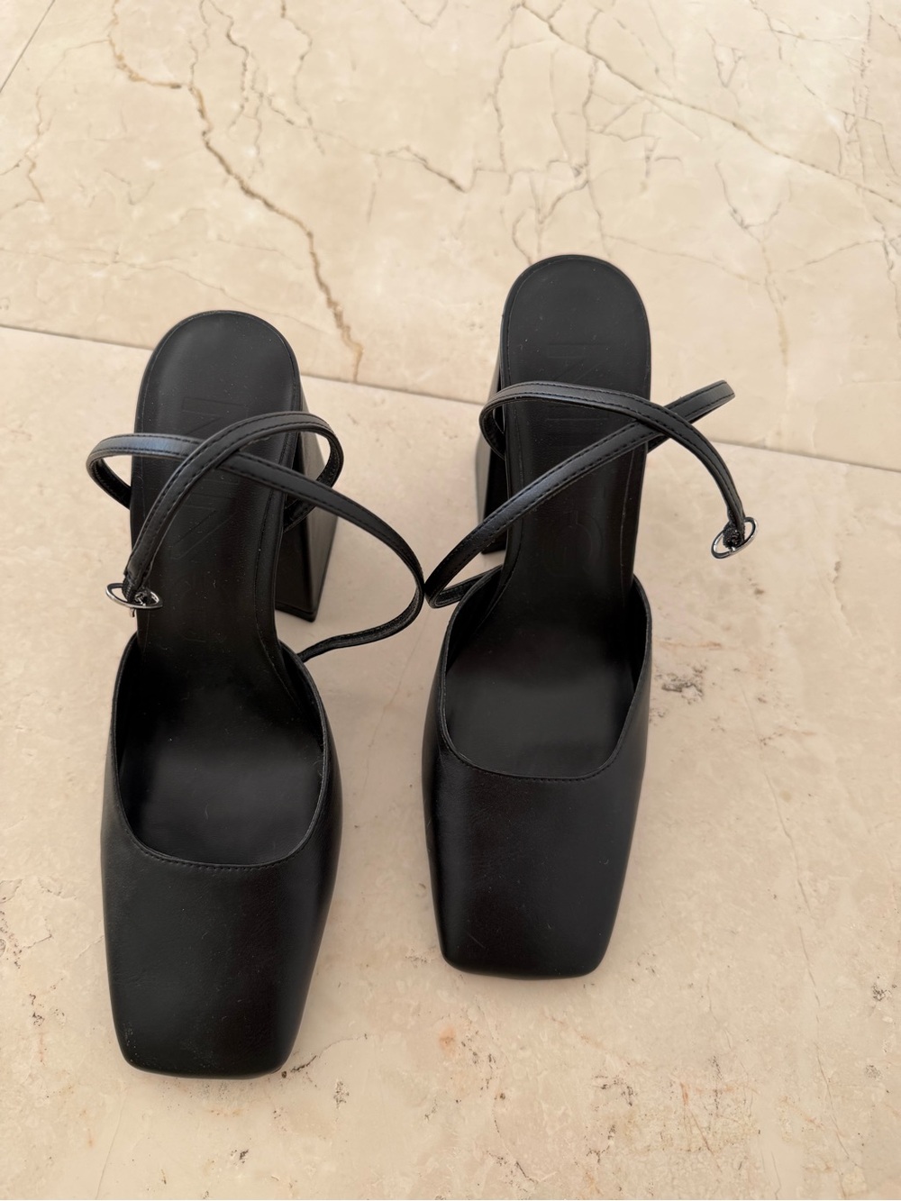 Mango Black Square-Toe Strappy Block Heels